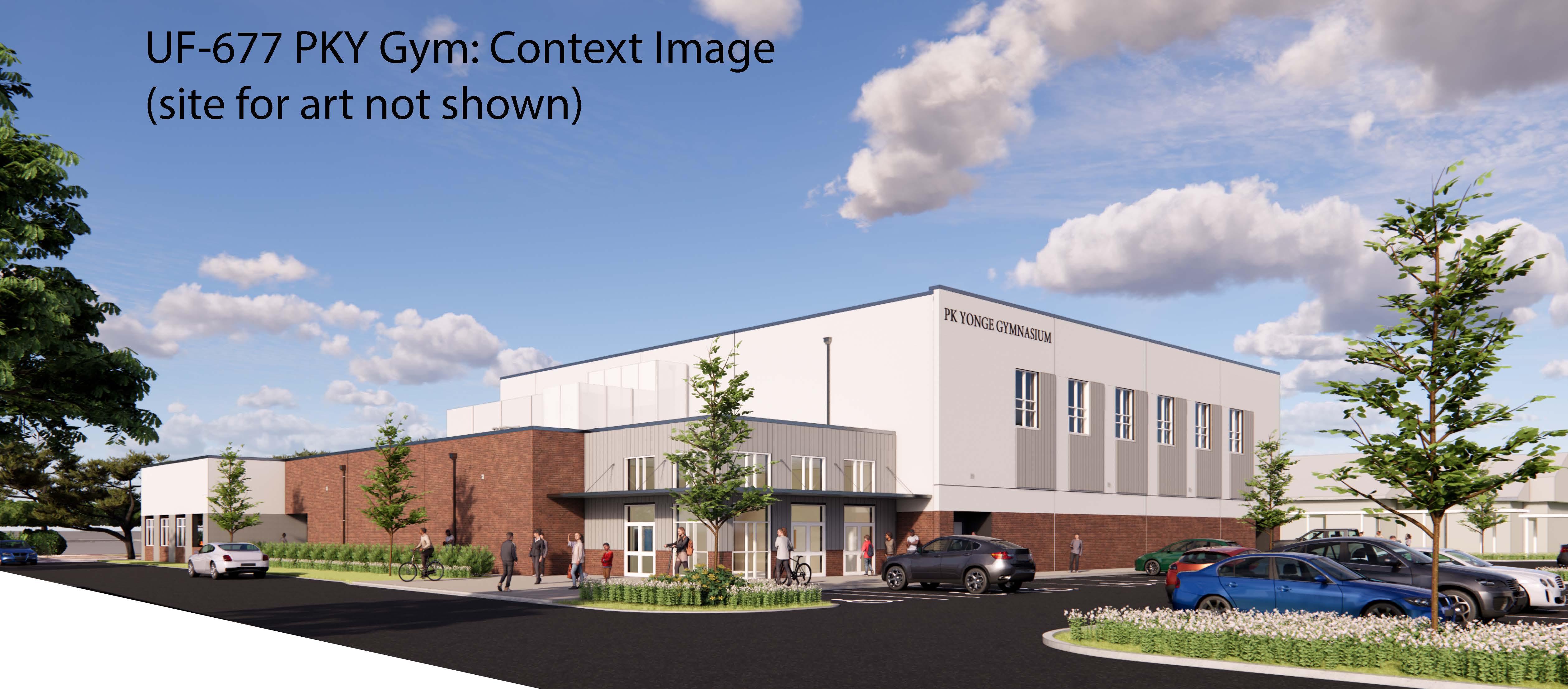Image of a modern gymnasium building labeled "UF-677 PKY Gym: Context image (Site for Art not Shown)" with a mix of brick and white exterior walls, surrounded by a parking lot and landscaped greenery.