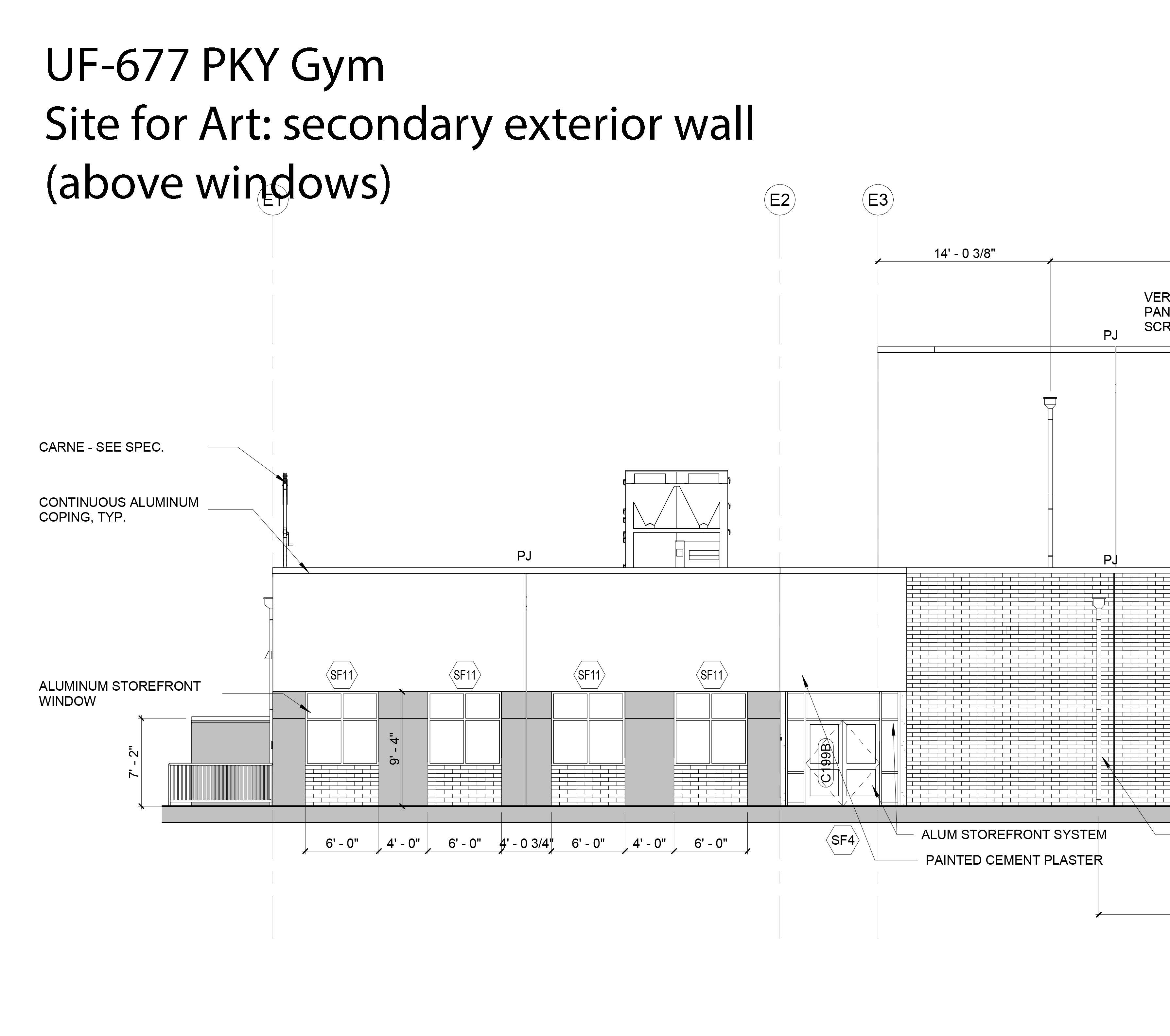 Architectural elevation drawing showing secondary exterior wall of UF-677 PKY Gym designated as site for art installation above windows. Drawing includes measurements, labels for materials like aluminum storefront windows and painted cement plaster.