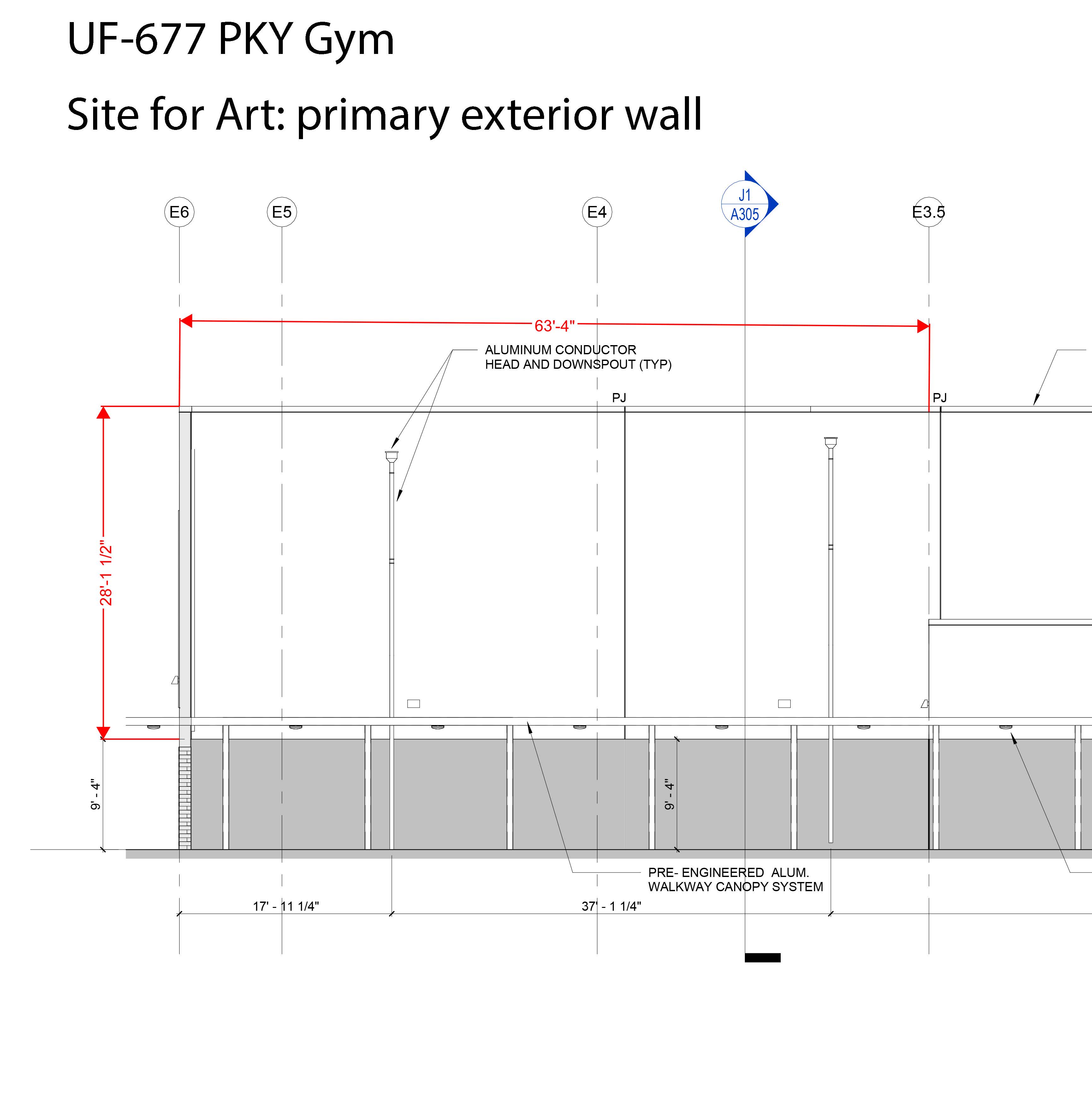 Architectural elevation drawing of UF-677 PKY Gym's primary exterior wall, detailing dimensions and structural components. Features include aluminum conductor head and downspout, pre-engineered aluminum walkway canopy system, and labeled measurements are