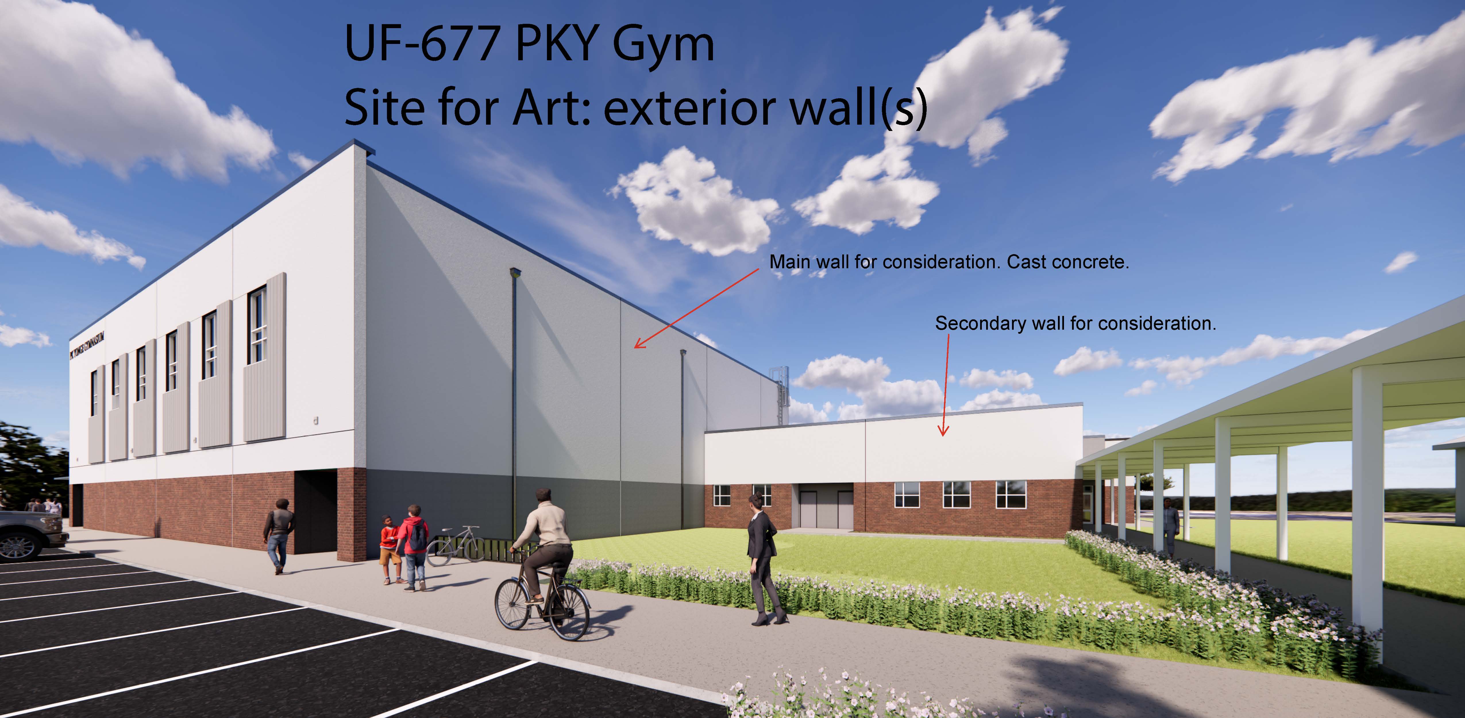 Image of a modern gym exterior labeled "UF-677 PKY Gym Site for Art: exterior wall(s)" showing a two-story building with north and east facing white cast concrete and brick walls.